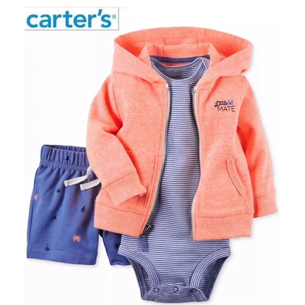 NWT 24 Months Carter's Boy's/ Girl's Orange Blue 3-Pc Hoodie Bodysuit Shorts Set